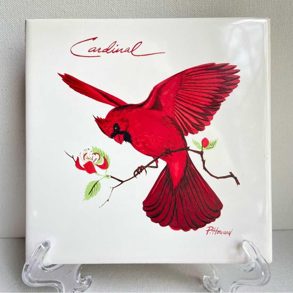Red Cardinal ceramic tile trivet by P. Howard for Screen Craft cork back Vintage